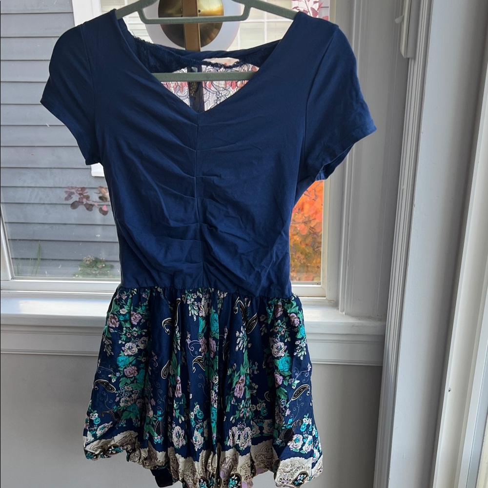 Blue and Floral Short Sleeve Dress